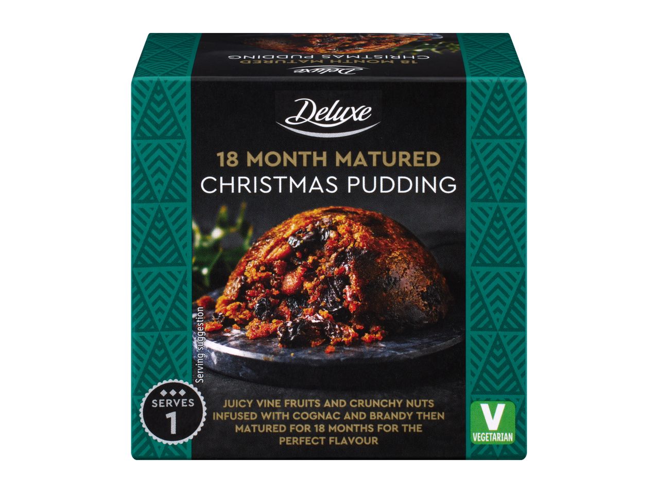 An 18-month matured Christmas pudding box serving one, suitable for vegetarians.