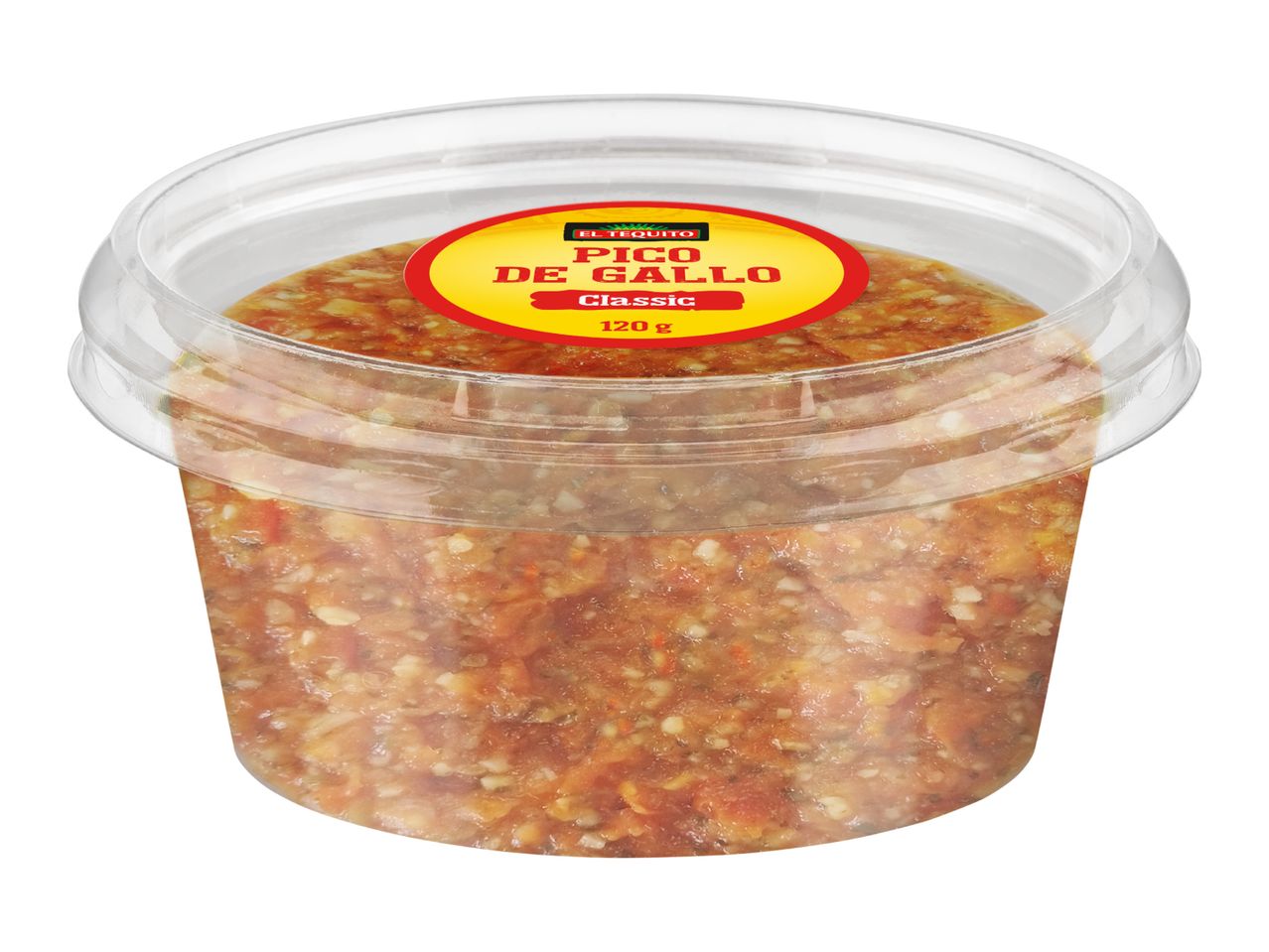 Clear plastic container of classic pico de gallo, 120g, with a yellow and red label.