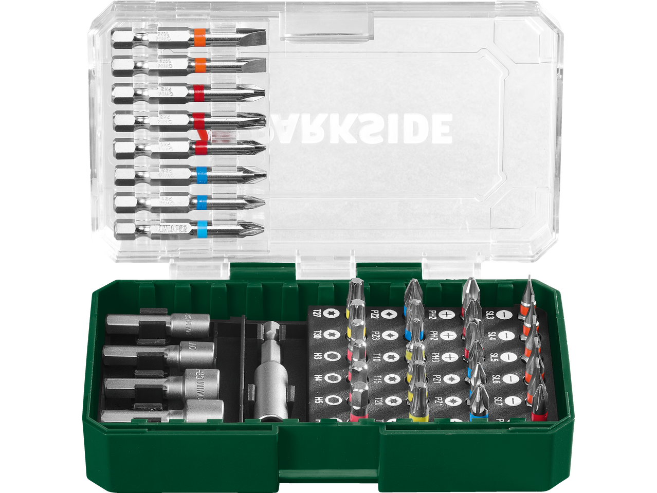 Jogo de bits de chave de fenda Makita em uma caixa de armazenamento conveniente.