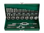 A tap and die set in a green metal case, featuring various sizes of taps and dies from M3 to M12.
