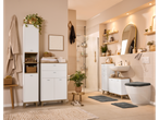 Livarno tall bathroom cabinet and other bathroom furniture in a modern, neutral-toned bathroom.