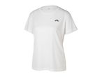 White short-sleeved sports t-shirt with a small black logo on the chest.