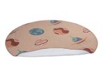 A beige, semi-circular playmat with a space theme, featuring planets and UFOs.
