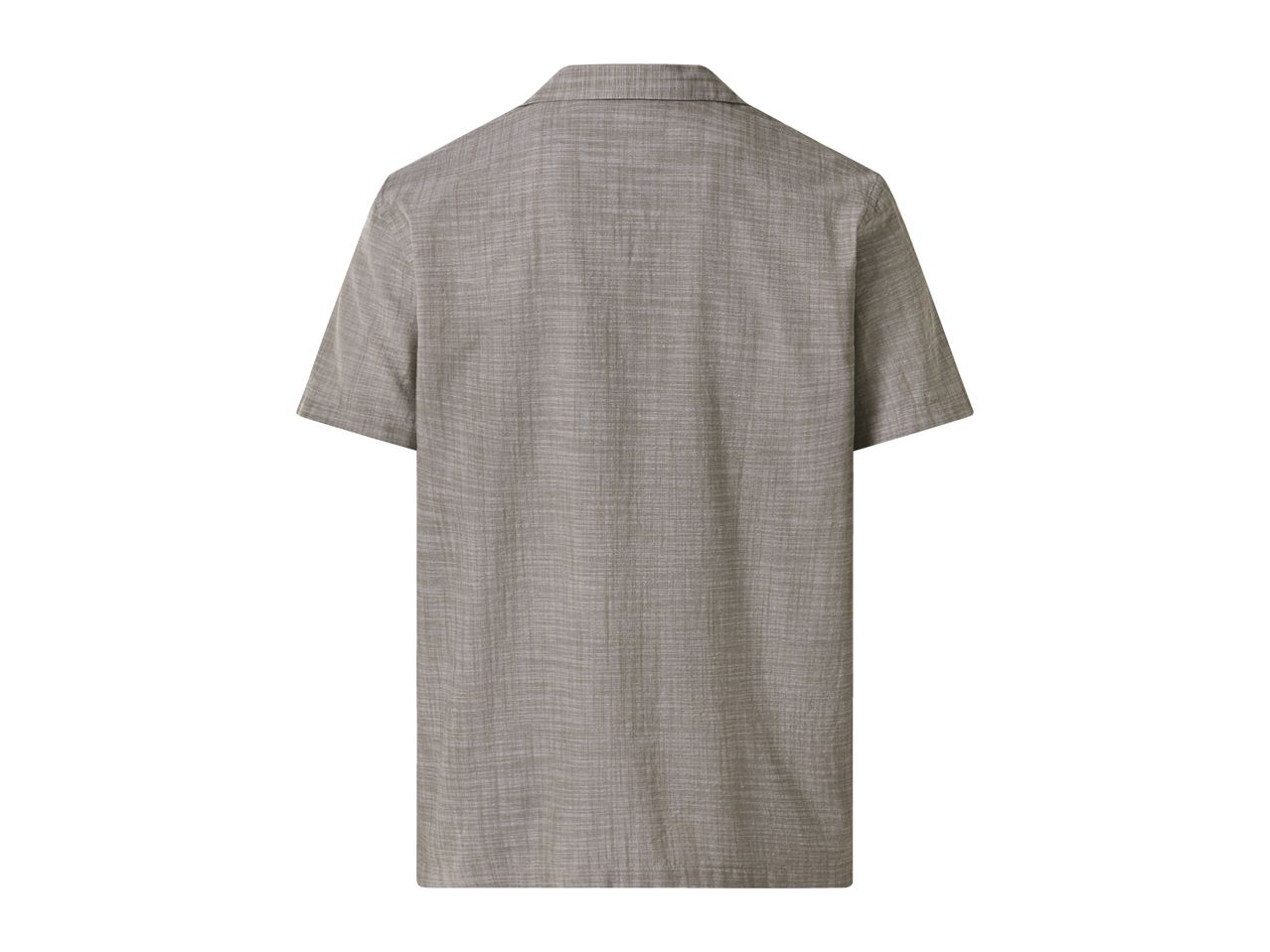 Back view of a men's short-sleeved collared shirt in a textured light brown fabric.