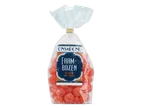 Een zakje frambozensnoepjes met een blauw etiket met de tekst 'FRAMBOZEN DE SMAAK VAN VROEGER'.