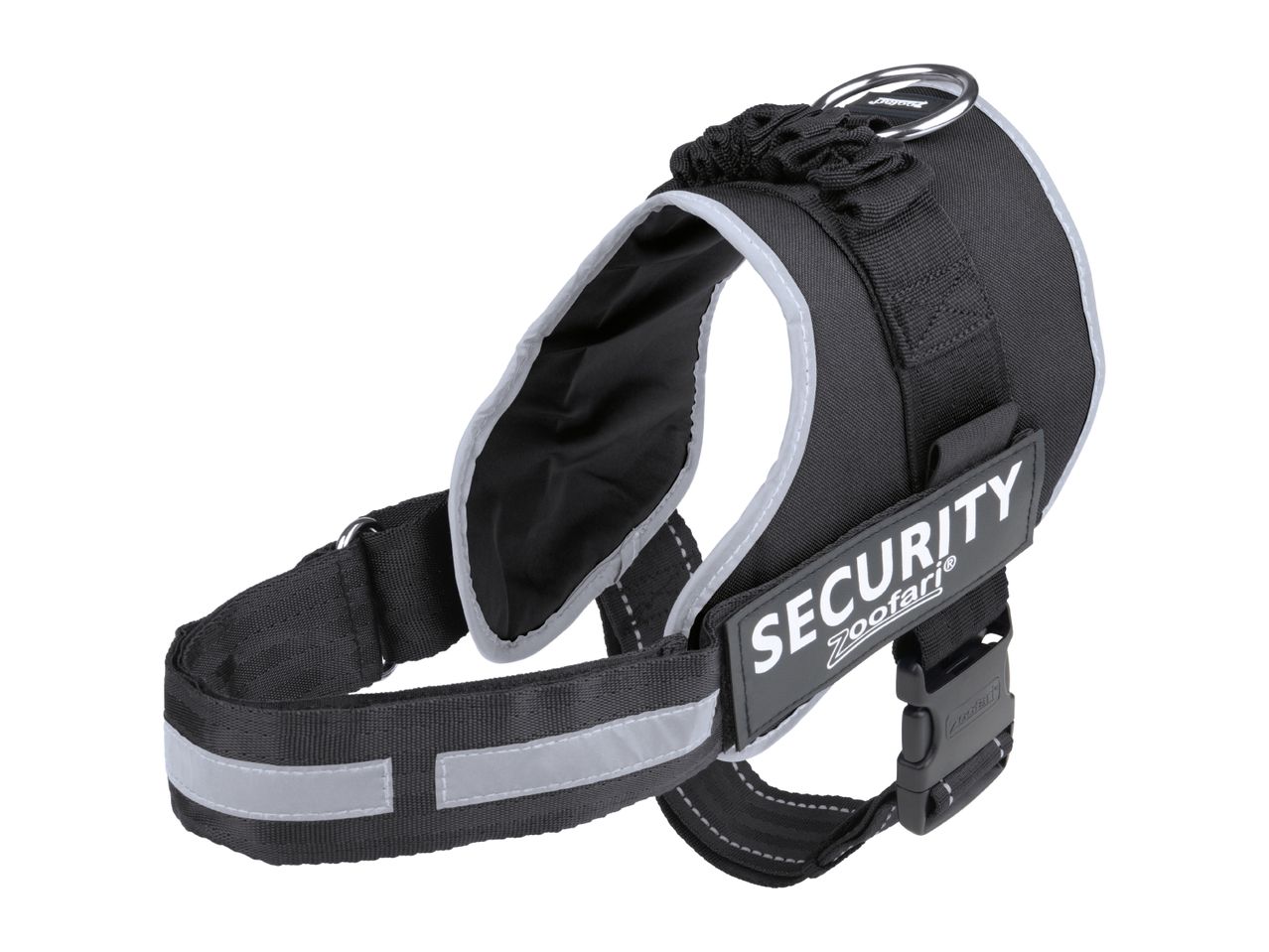 Zooafari Security dog harness in black with reflective strips.