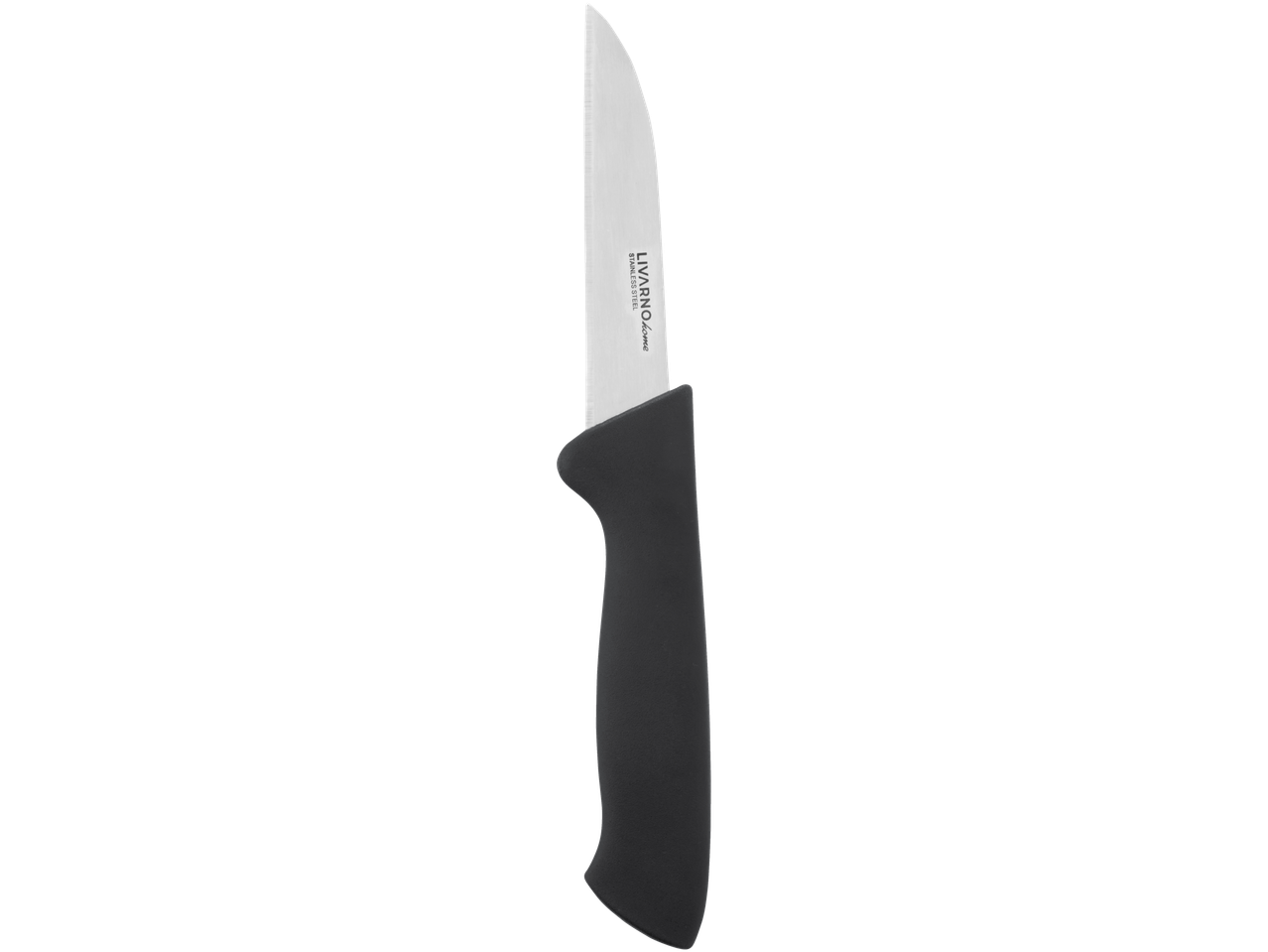 Livarno Home stainless steel paring knife with black handle.