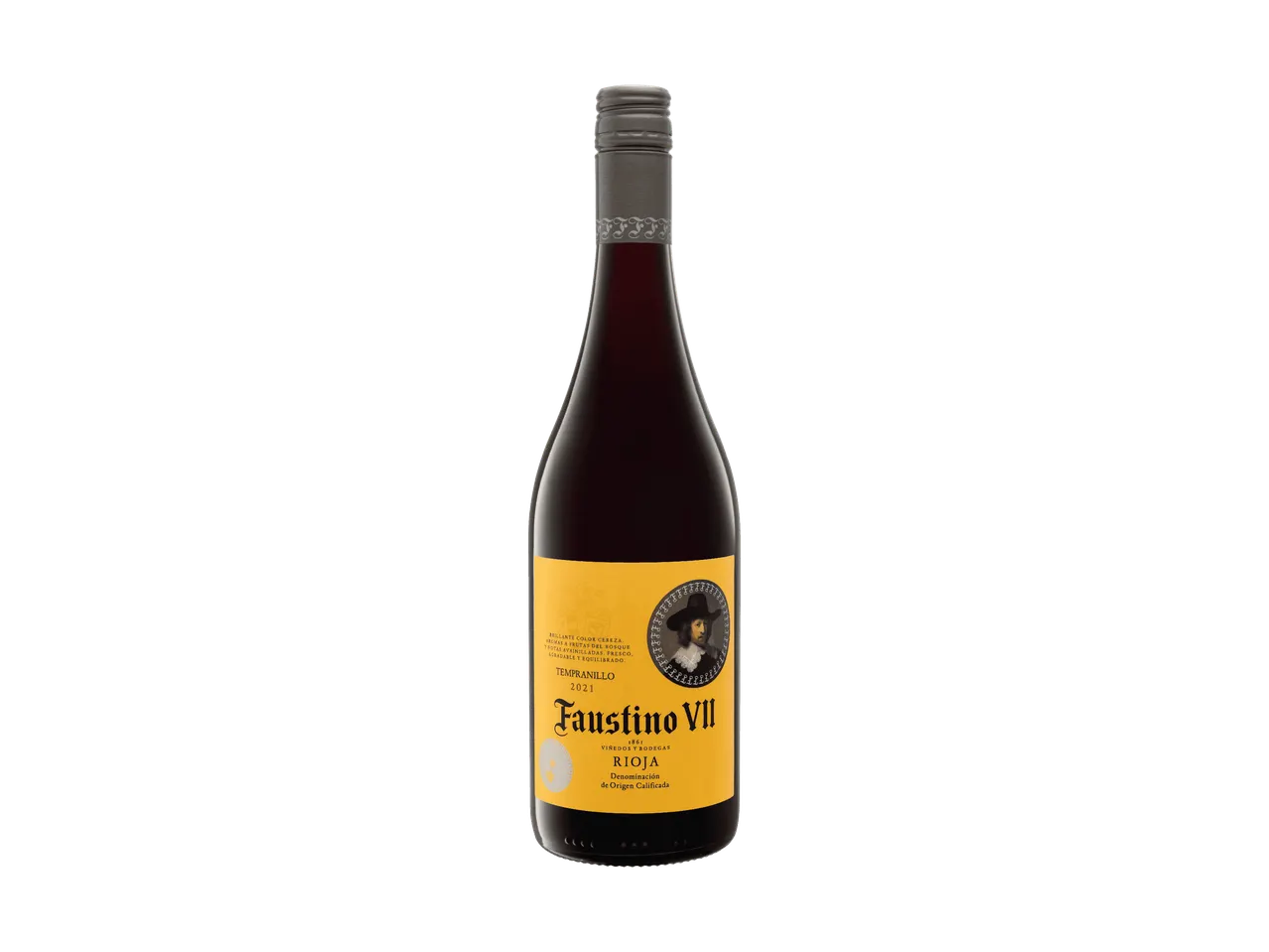 Una bottiglia di vino rosso spagnolo Rioja con etichetta gialla su sfondo nero.