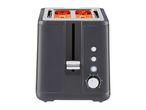 A dark grey two-slice toaster with glowing red heating elements and control buttons.