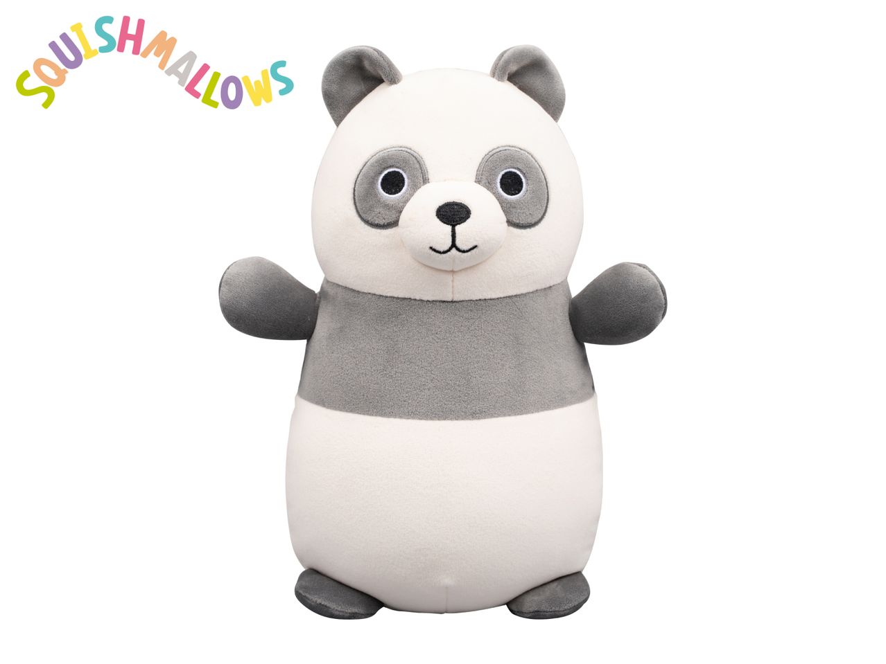 A soft toy panda with a white body and grey accents, standing upright.