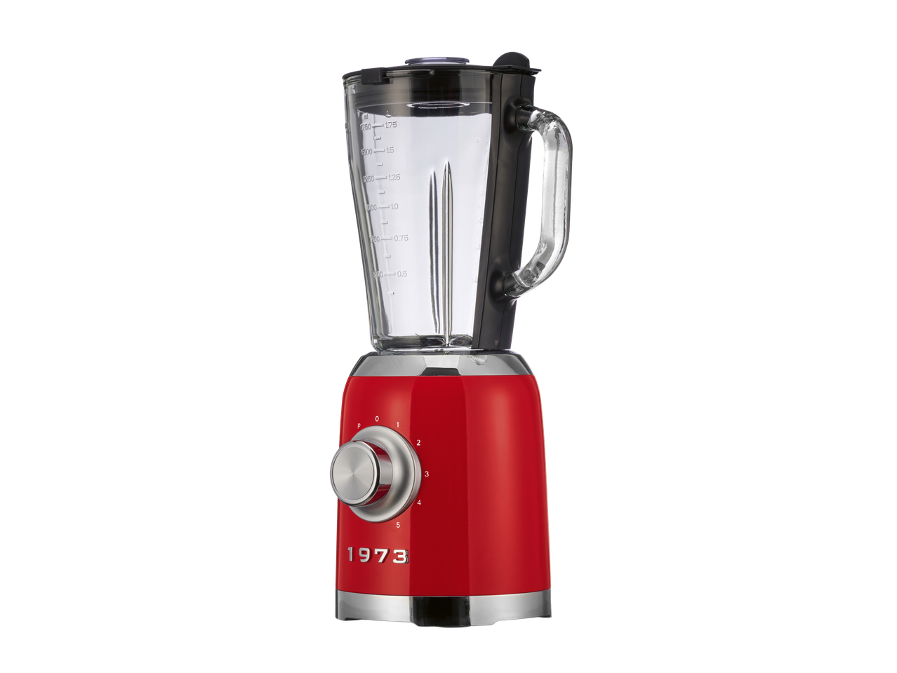 Blender cu ulcior roșu de 600W, cu marcajul '1973' și control rotativ.