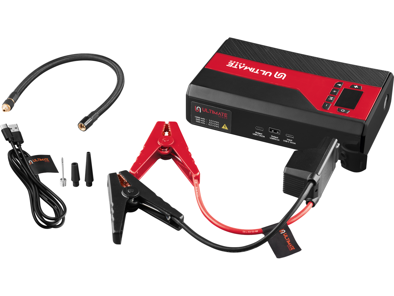 Nešiojamas Ultimate Speed automobilio starteris su akumuliatoriaus gnybtais, laidais ir priedais.