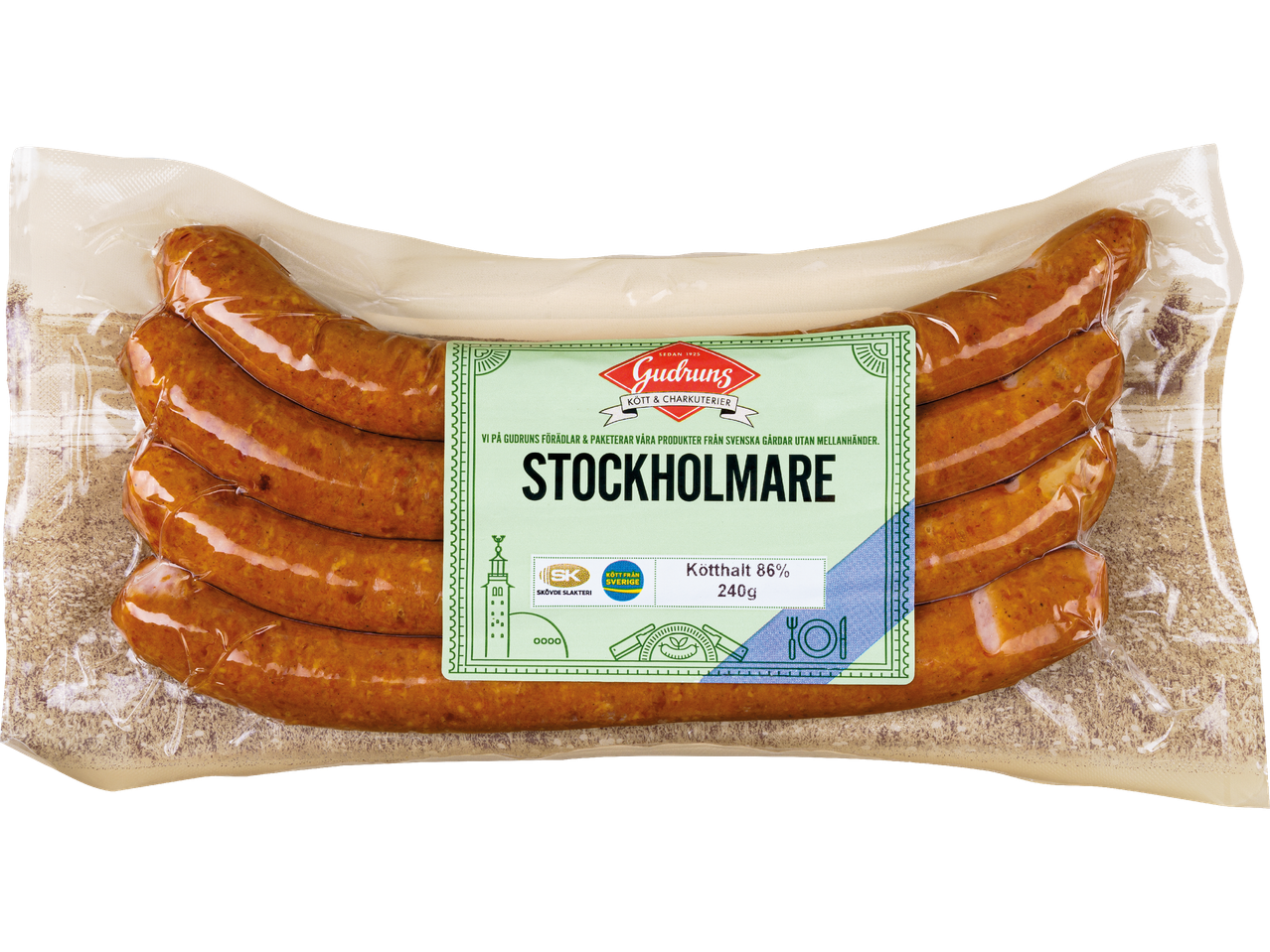 Gudruns Stockholmare korvpaket med 86% kötthalt och 240g vikt.