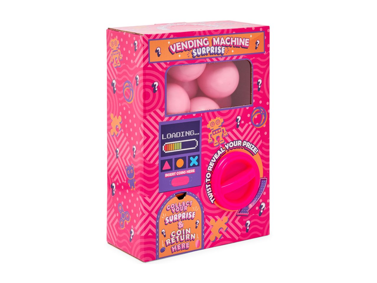 Pink vending machine surprise toy with a clear window showing pink balls.