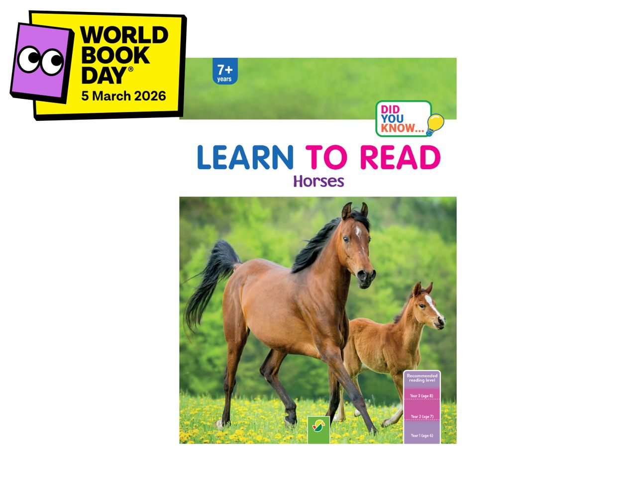 Book cover for 'Learn to Read: Horses' for ages 7+, featuring a mare and foal.