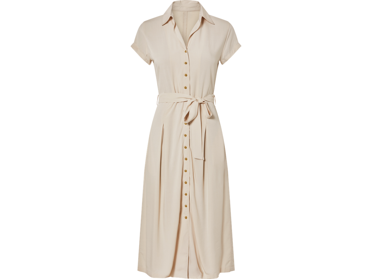 Bež midi obleka z pasom.