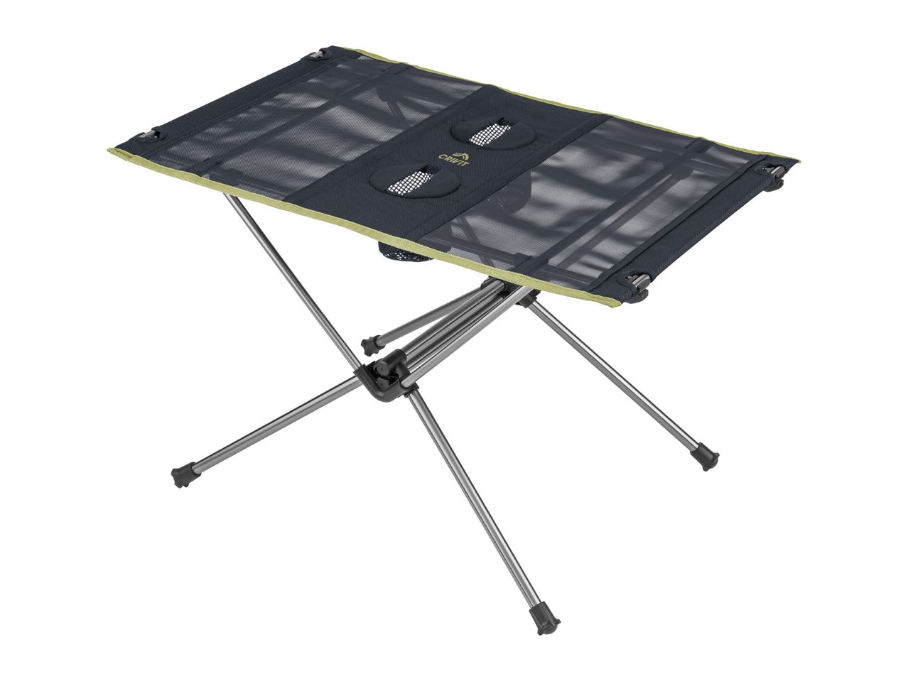 Portable camping table with a dark mesh top and light green trim, on a silver frame.