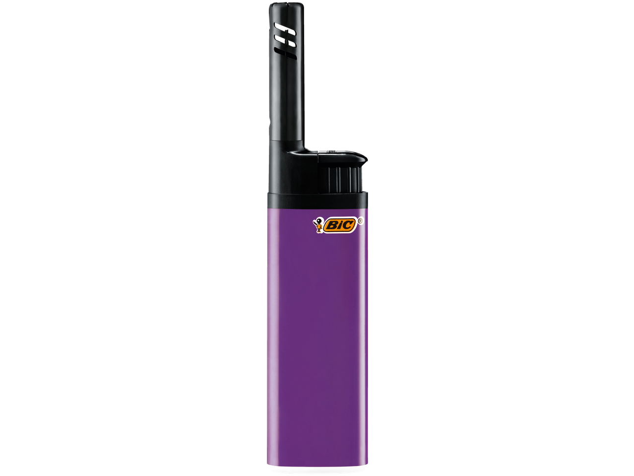 Briquet à gaz violet avec buse noire et logo de l'entreprise.