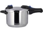 Stainless steel pressure cooker with black handles and blue accents on a black background.