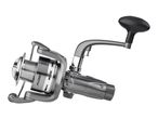 Grey fishing reel with a black handle and visible text 'One Way Clutch' and '4 Ball Bearings'