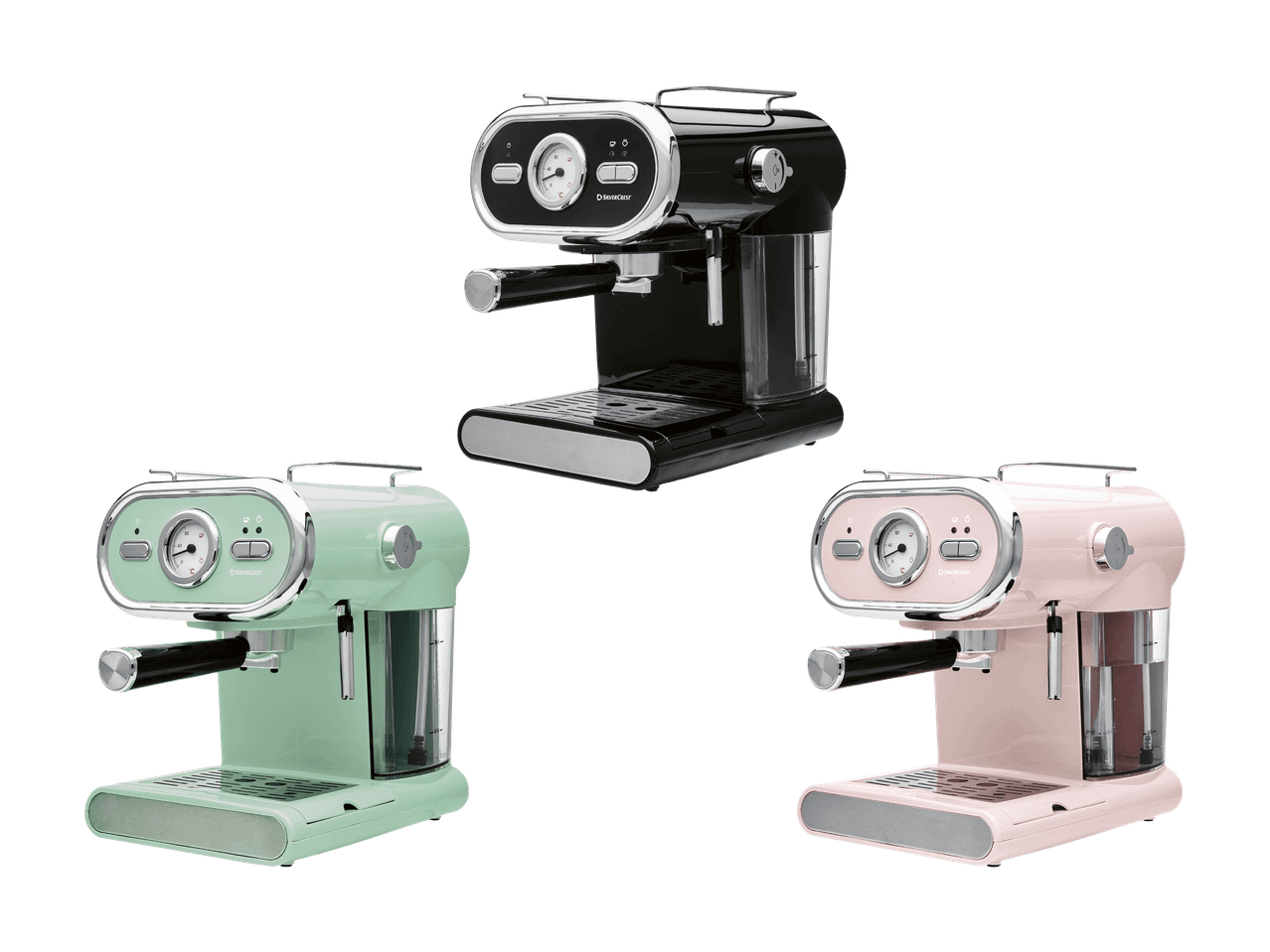 Tre macchine da caffè espresso SilverCrest in nero, verde menta e rosa.