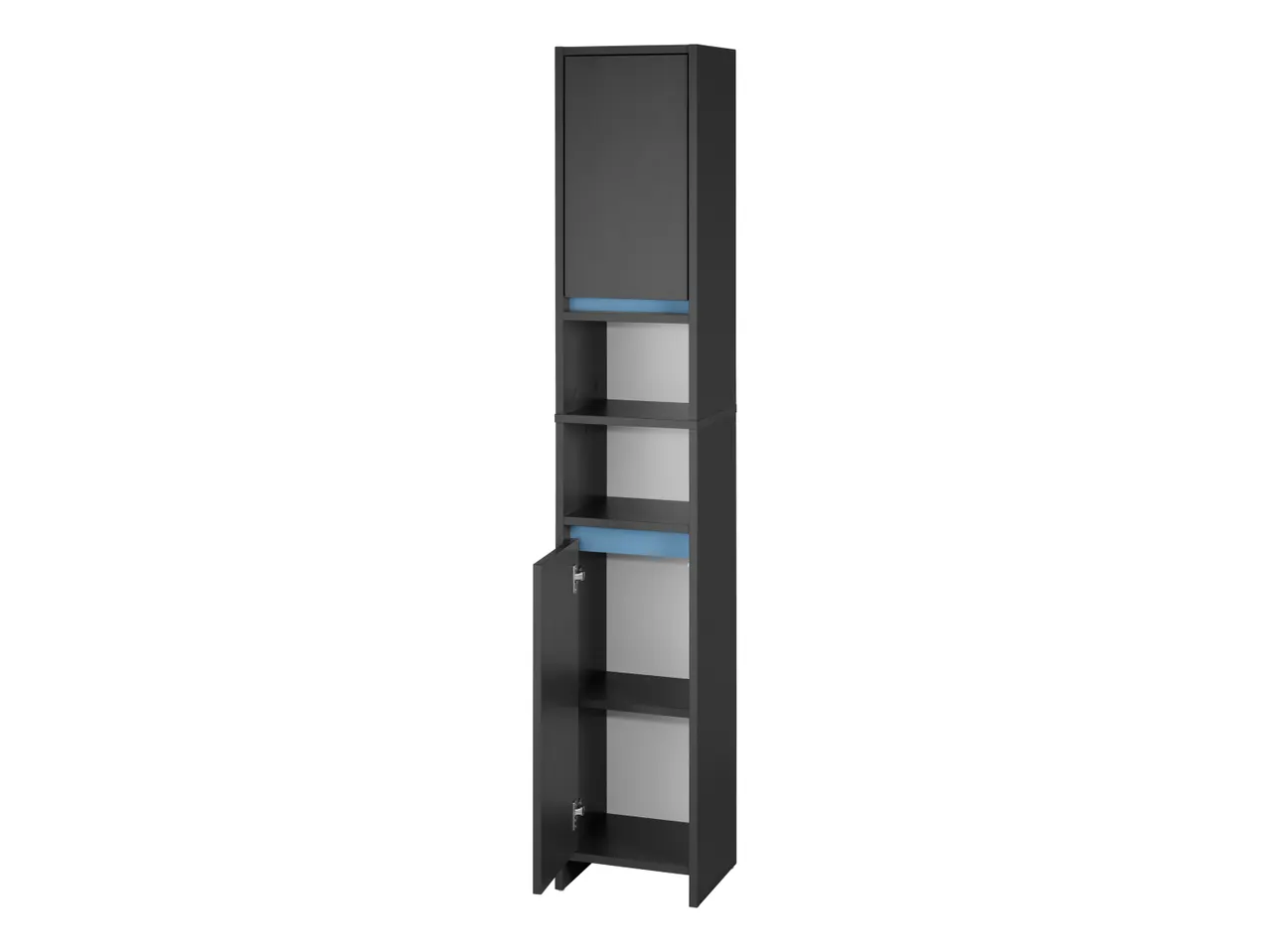 Armadio alto da bagno nero con ripiani e ante, stile moderno.