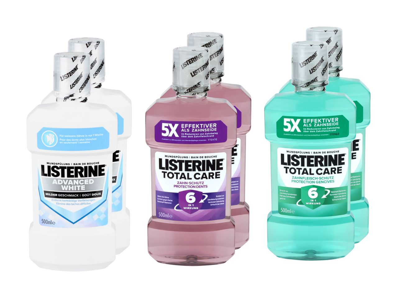 Deux paquets de bain de bouche Listerine : Total Care et Advanced White.