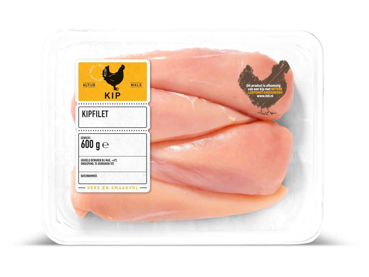 600 g verse kipfilets in verpakking.