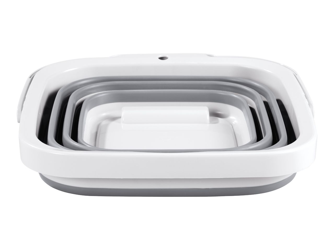 Foldable white and grey washing up bowl, collapsed for storage.