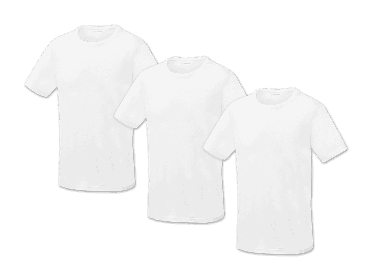 Drei weiße T-Shirts übereinander gestapelt.