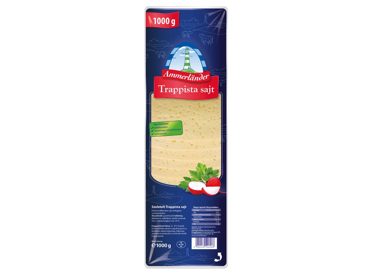 Ammerländer Trappista sajt, 1000g szeletelt sajt csomagolás.