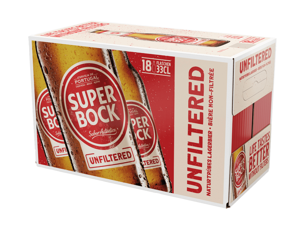 Eine Packung Super Bock Unfiltered Bier mit 18 Flaschen à 33cl.