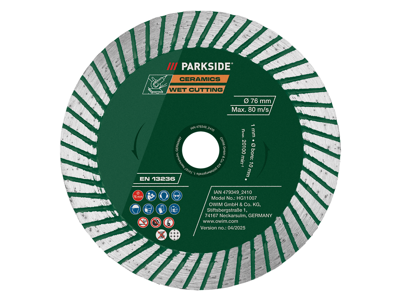 Disco de diamante Parkside de 76 mm para corte a húmido de cerâmica.