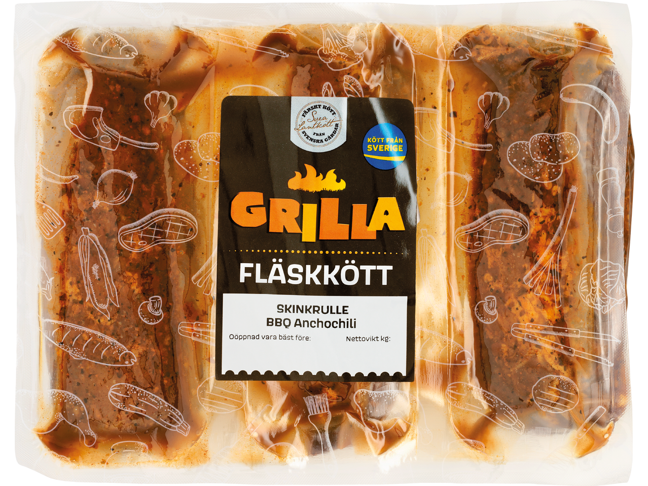 Grillade skinkrullar med BBQ ancho chili.