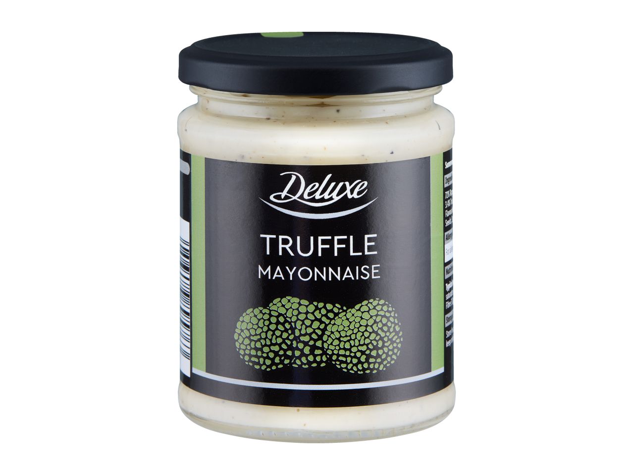 Deluxe Truffle Mayonnaise in a glass jar with a black lid.