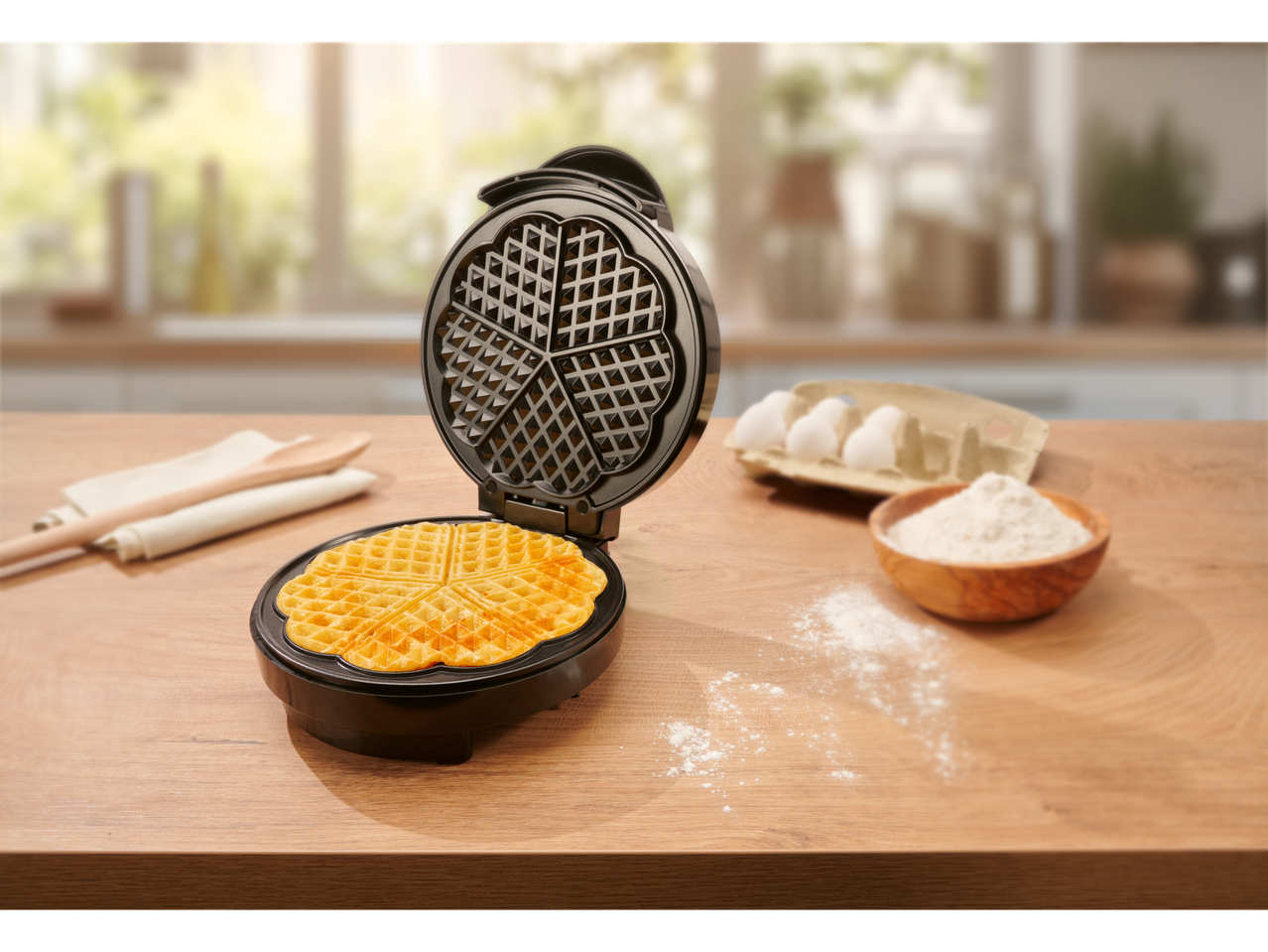A waffle maker with a freshly made waffle on a wooden table.