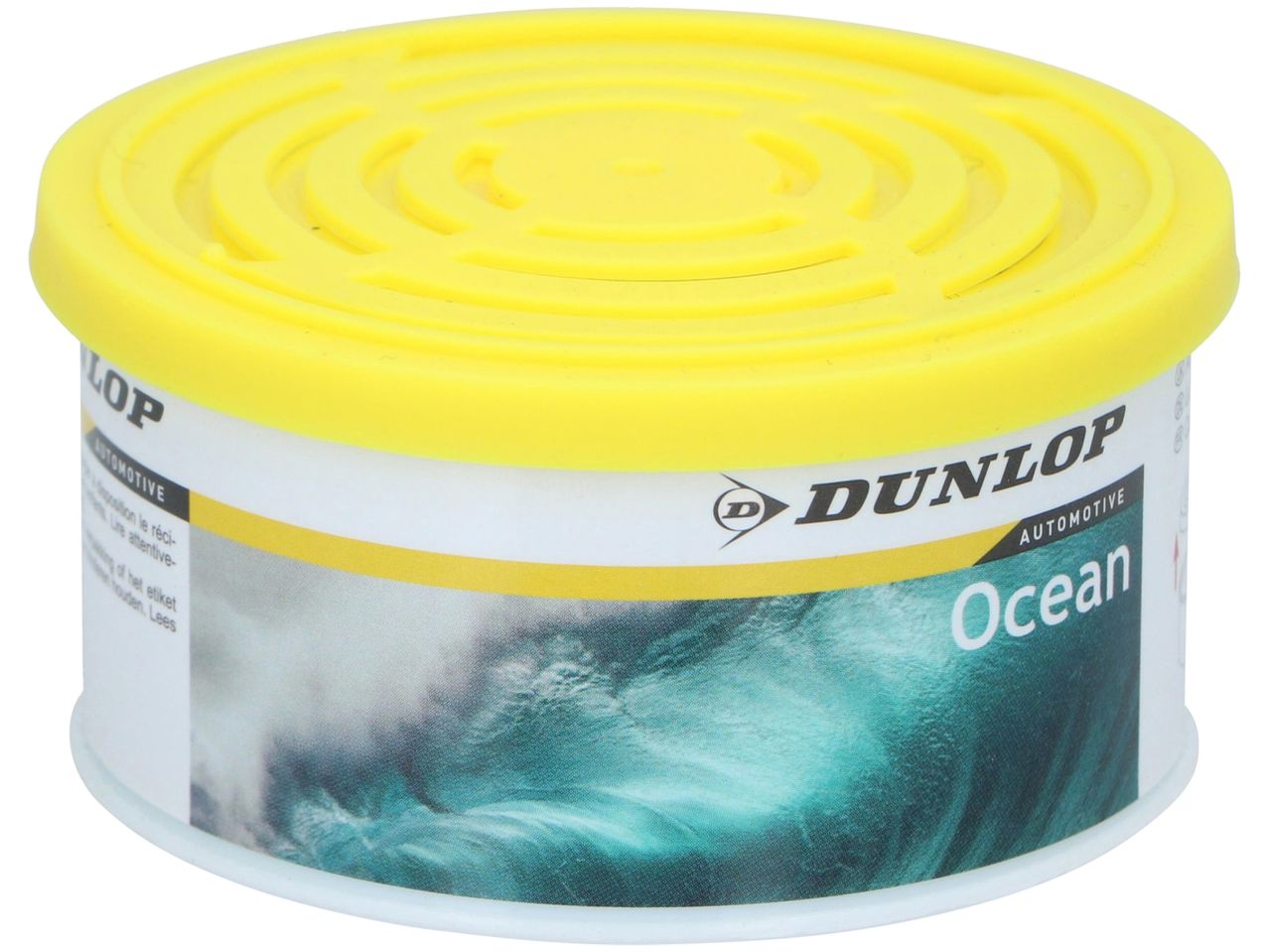Un deodorante per auto Dunlop Ocean, in un barattolo giallo con tappo a spirale.