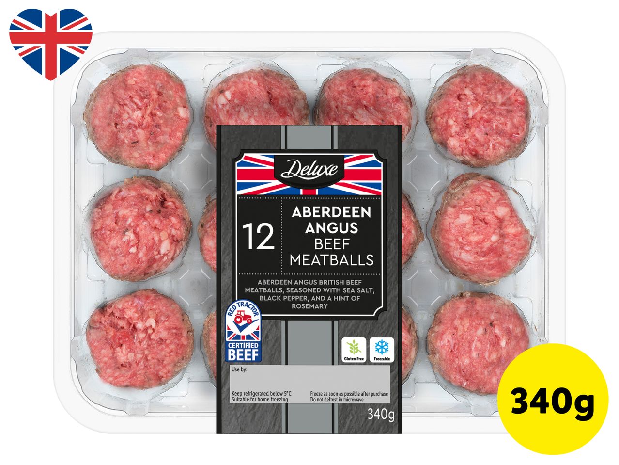 Pack of 12 Aberdeen Angus beef meatballs, 340g, with a British flag heart icon.