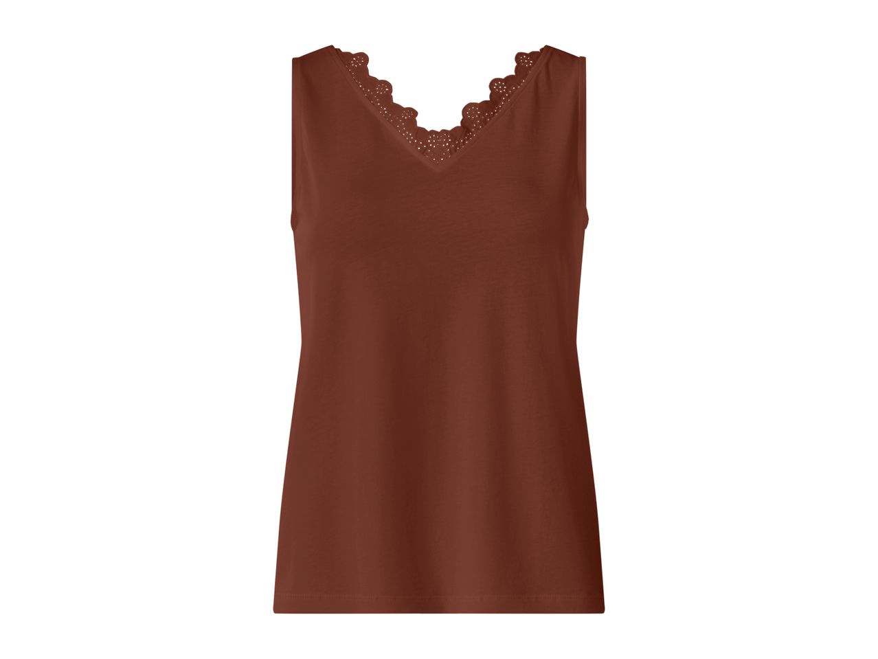Brown women's tank top with a V-neck and decorative lace trim