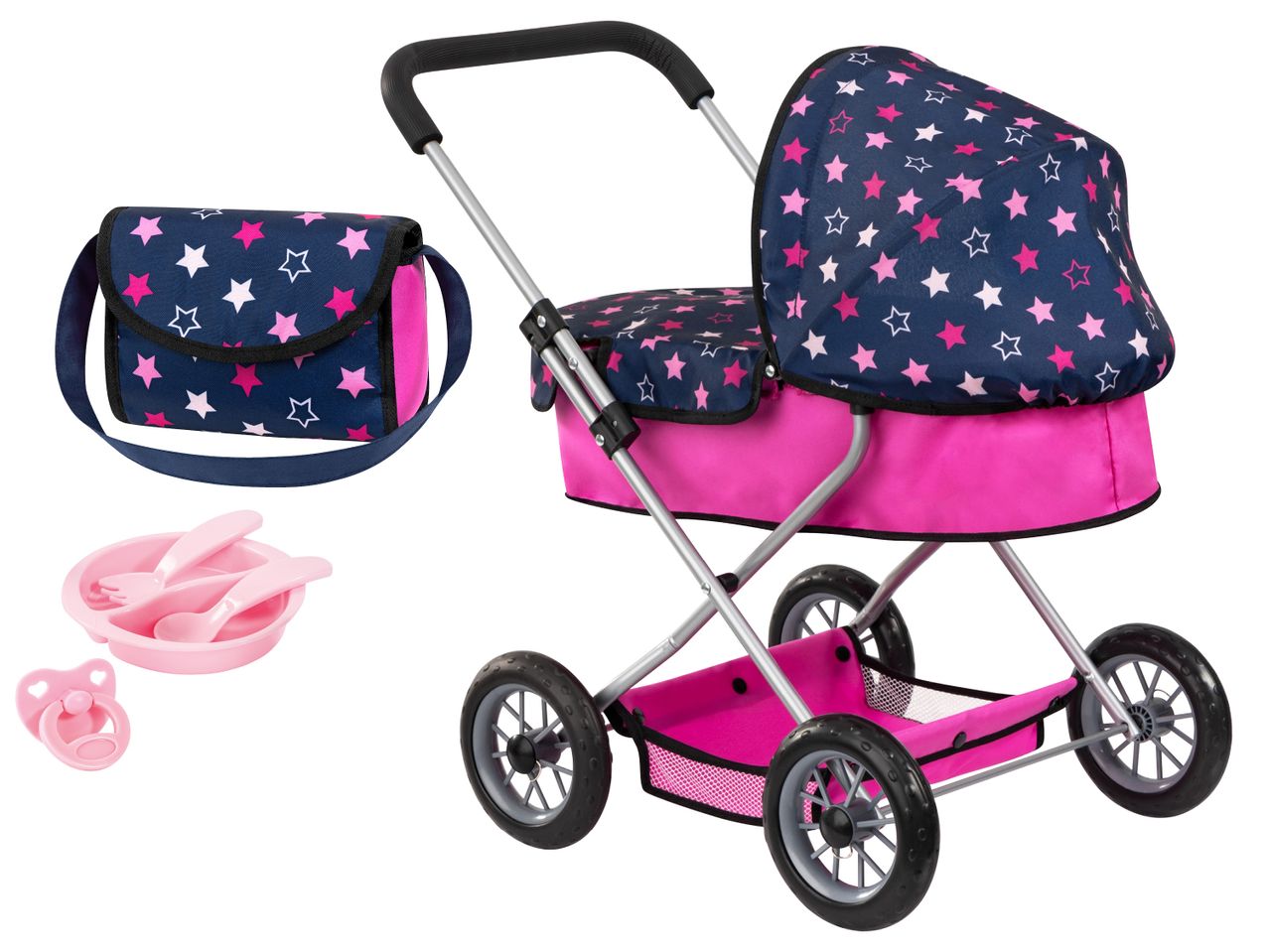 Комплект детска количка за кукли с чанта, биберон и прибори за хранене, на звездички