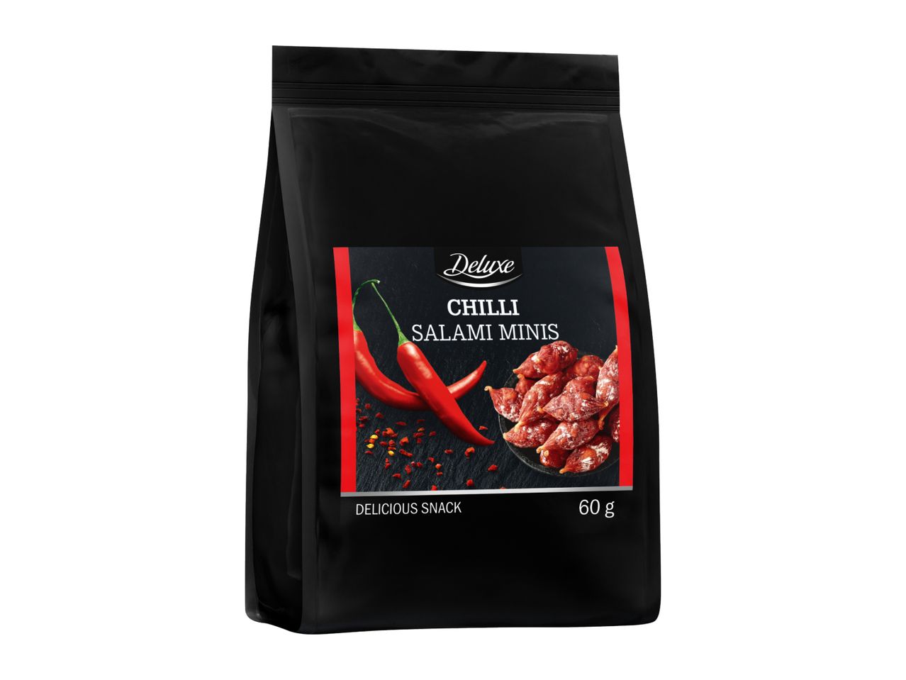 Black pouch of chilli salami minis with red peppers and chilli flakes, 60g.