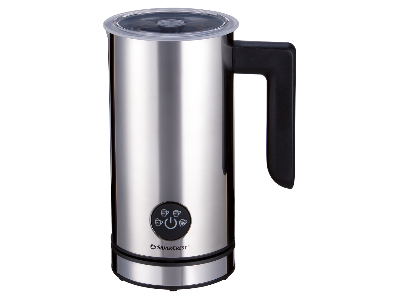 Ezüst színű tejhabosító fekete fogantyúval és vezérlőgombbal, amelyen habosítási és hideg hab funkciók ikonjai láthatók.