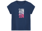 T-shirt bleu marine pour enfant avec l'inscription verticale 'SUN' en blanc, lilas et rose.