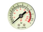 Close-up of a pressure gauge with readings in psi and bar, showing a red warning zone.