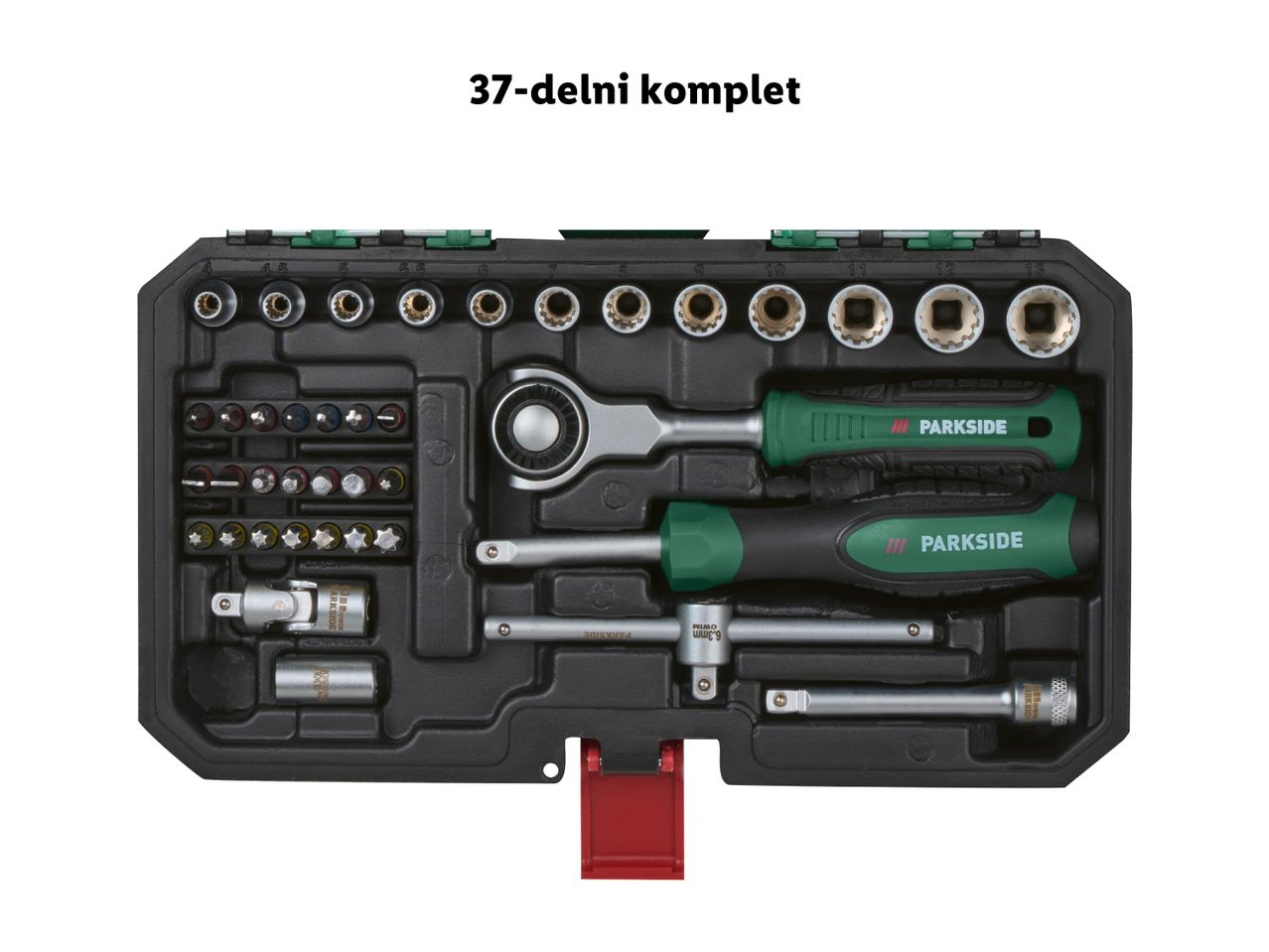 37-delni komplet orodja Parkside s ključi, nastavki in ročaji v črni škatli.