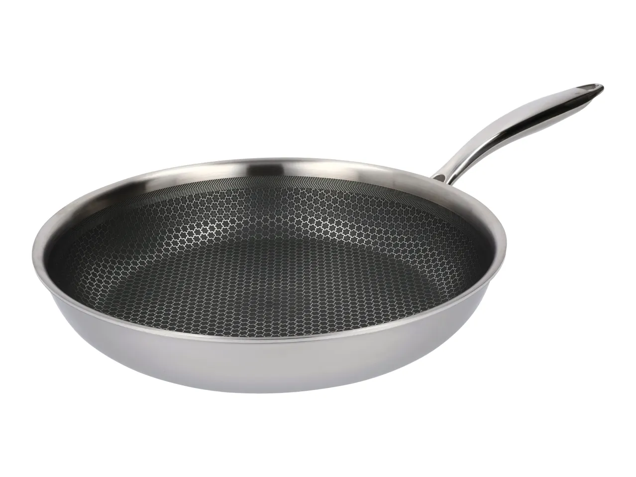 Stainless steel frying pan with honeycomb pattern on the cooking surface