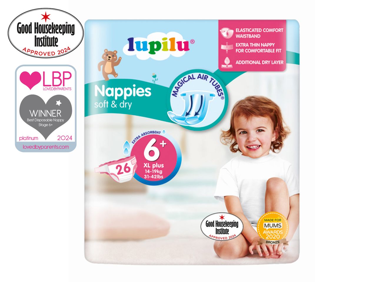 Lupilu nappies, soft & dry, XL plus size, awarded by Good Housekeeping and LovedByParents.