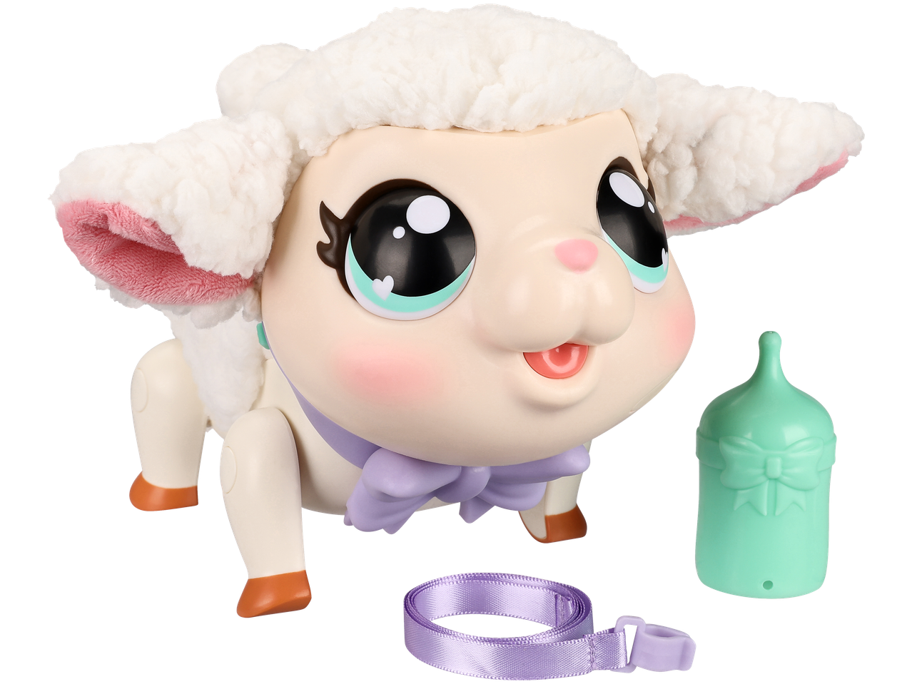 Mielas avinėlio žaislas su didelėmis akimis, violetiniu kaspinu, pavadėliu ir žaliu buteliuku.