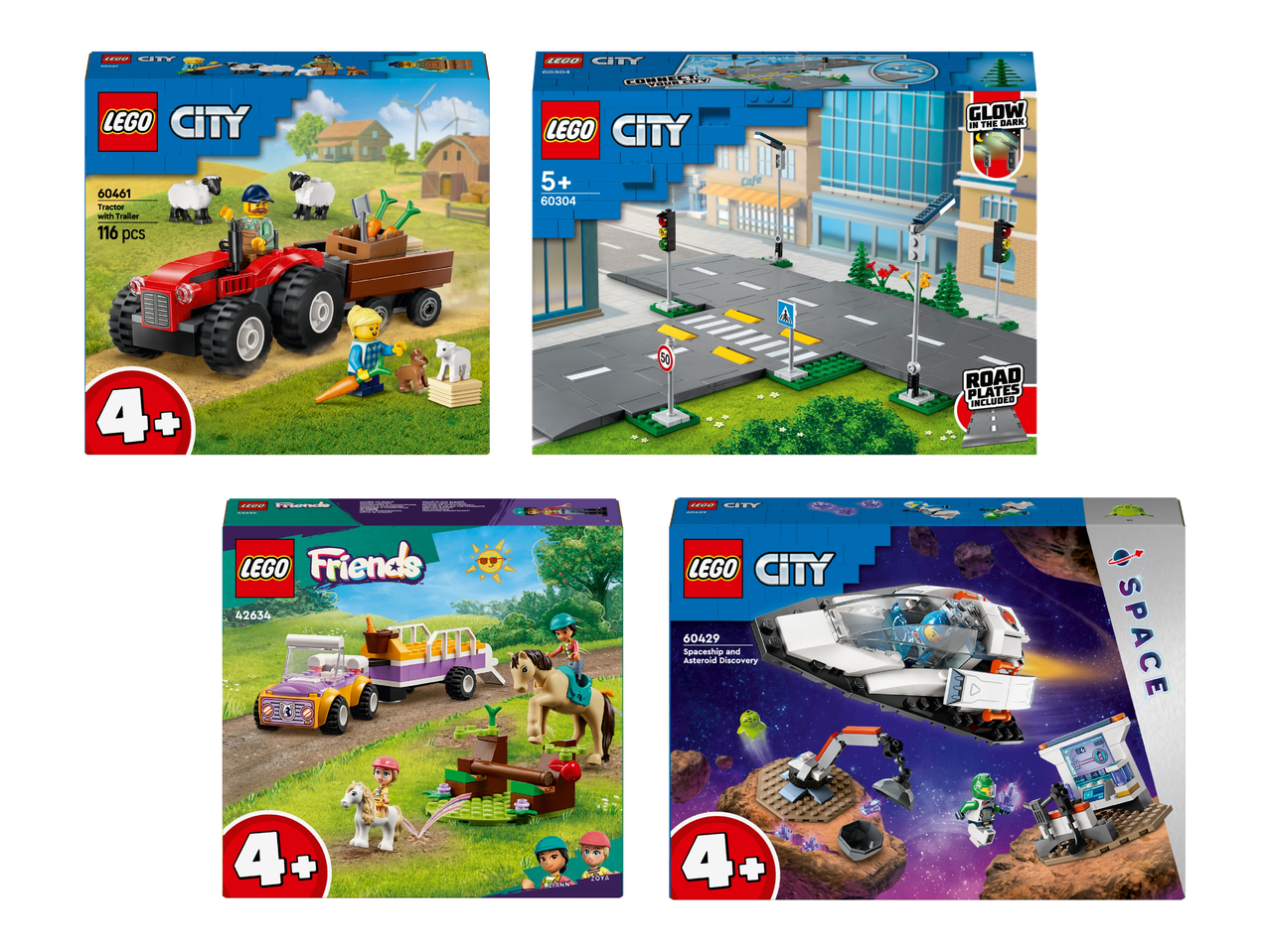 Neljä LEGO-laatikkoa, joissa on City-teeman traktori, kaupunkimaisema, Friends-teeman hevostalli ja avaruusalus.