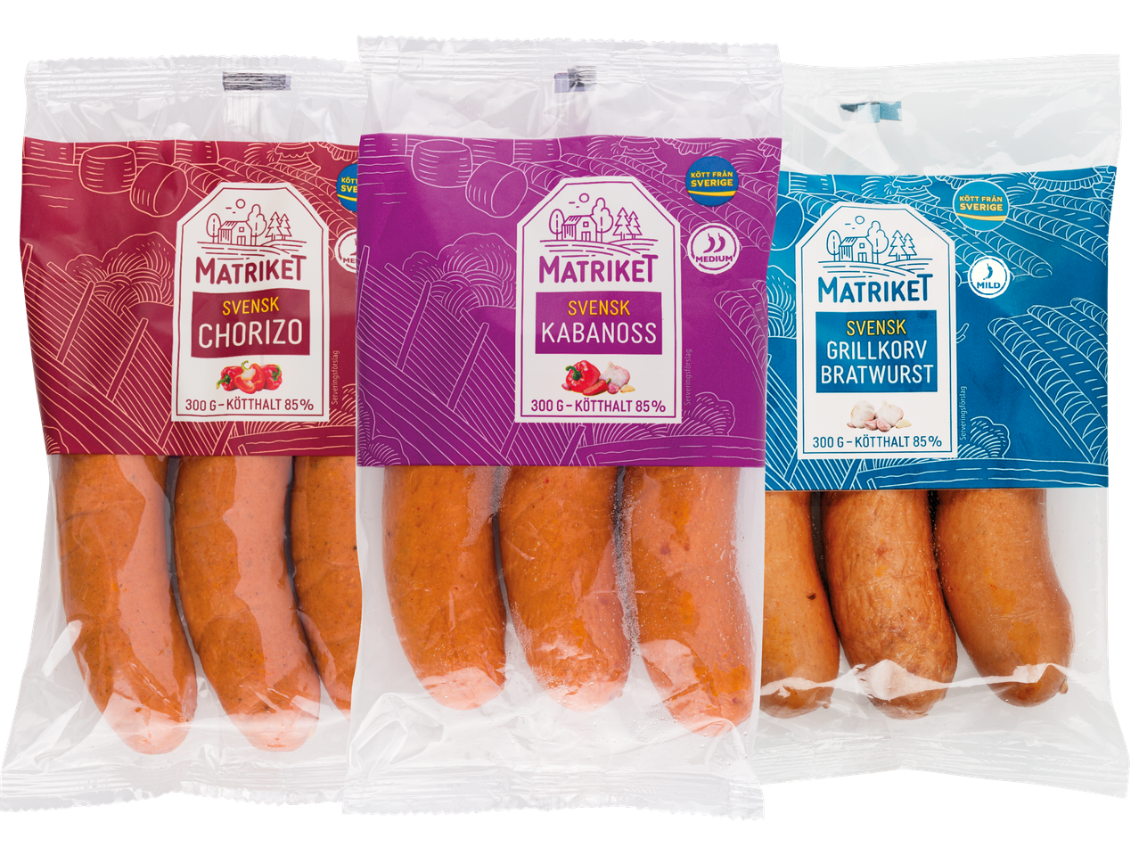 Tre förpackningar Matriket korv: Chorizo, Kabanoss och Grillkorv Bratwurst.